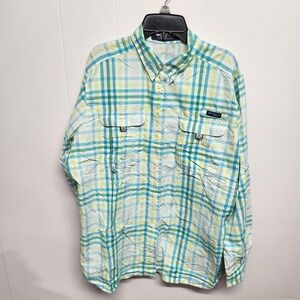 Columbia PFG Super Bahama Shirt Mens Green Blue Plaid Long Sleeve‎ Fishing